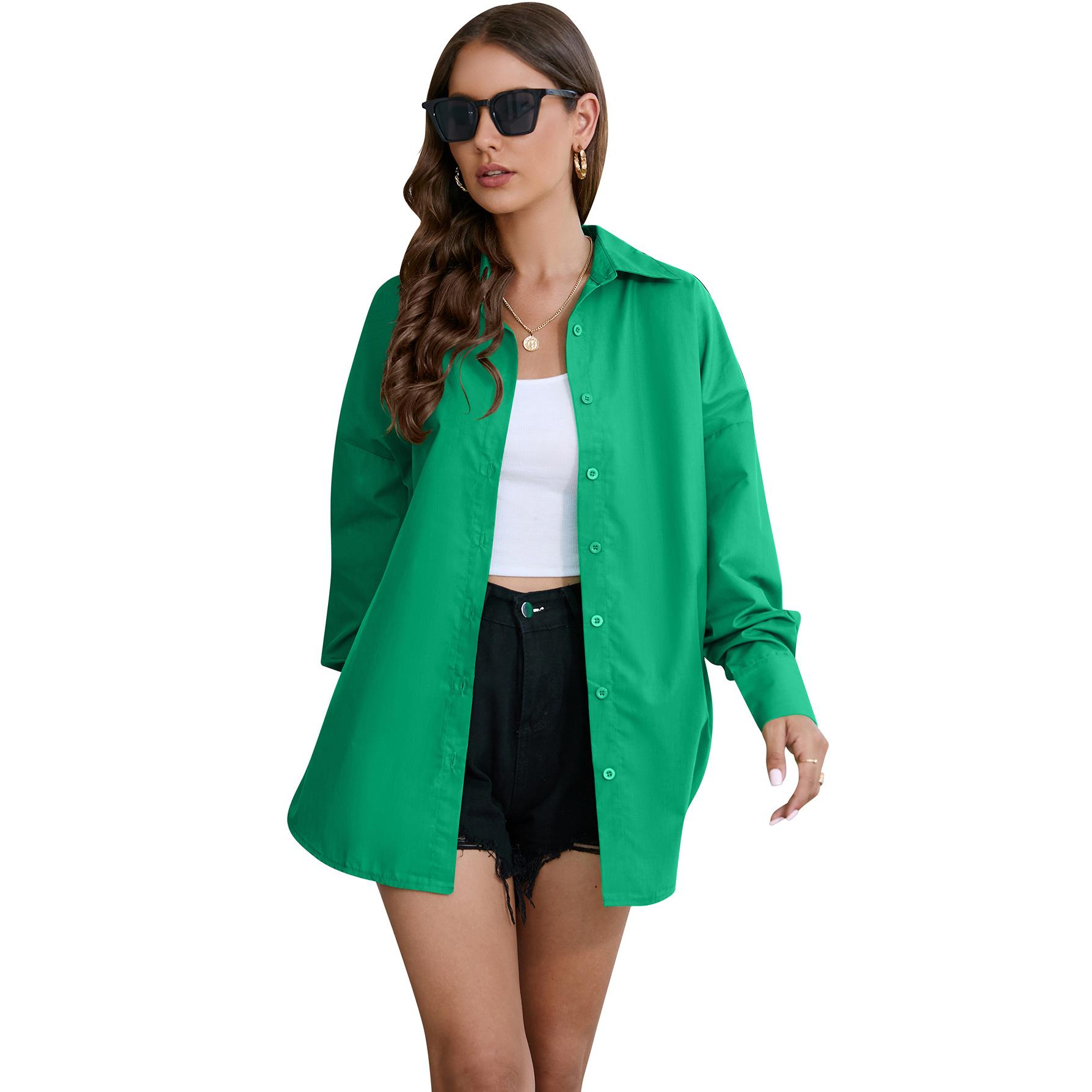 

Весенне-осенняя женская рубашка, однотонная яркая цветная рубашка, топ с длинными рукавами L темно-зеленого