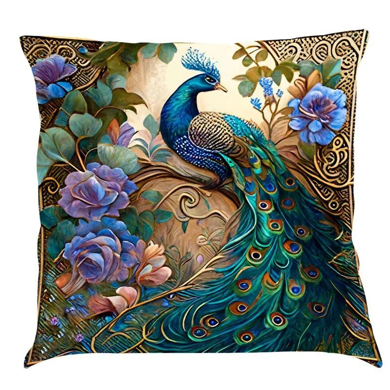 Nordic Style Peacock Cat Puppy Oil Painting Print Pillowcase 45x45 Cm Living Room Sofa Cushion Cover Bedroom Home Decoration