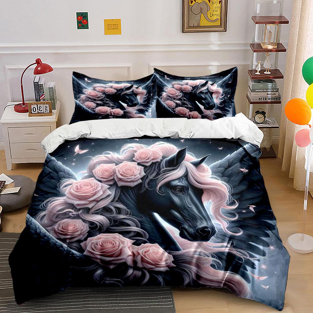 "Elegant Pegasus Rose Art Decor" Soft Skin-Friendly Bedding Set Includes 1 Duvet Cover And 2 Pillowcase Gift