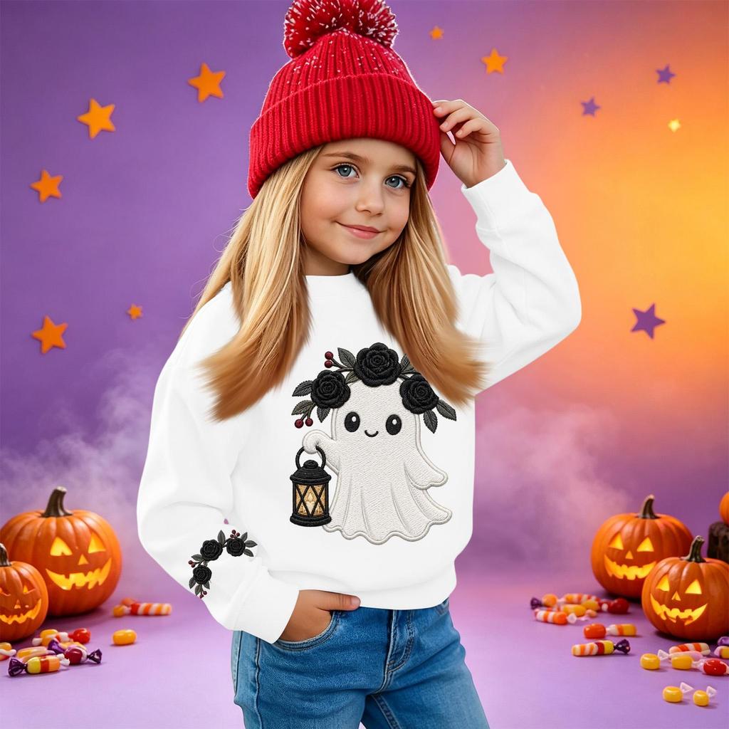 Kids' casual long-sleeved sweatshirt with Halloween print, suitable for holiday parties and everyday wear.