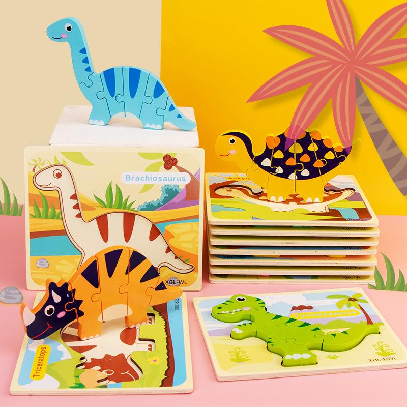 Dřevěné Vzdělávací Kognitivní Dětské Vzdělávací Hračky Stavební Kostka Tvar Dinosaurus Párování 3D Trojrozměrné Puzzle