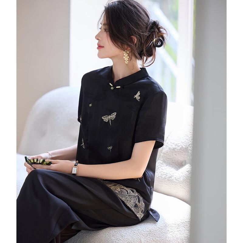 ORIGIN Women s Retro Embroidered Shirt & Wide-Leg Pants Set XL