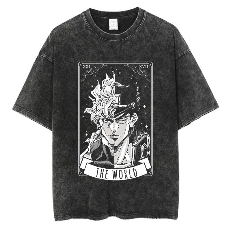 Vintage Washed TShirt Men Summer Hip Hop Streetwear T-shirt JoJo Bizarre Adventure Anime Print Cotton Casual Short Sleeve T-shirt Daily Wear Cool Top