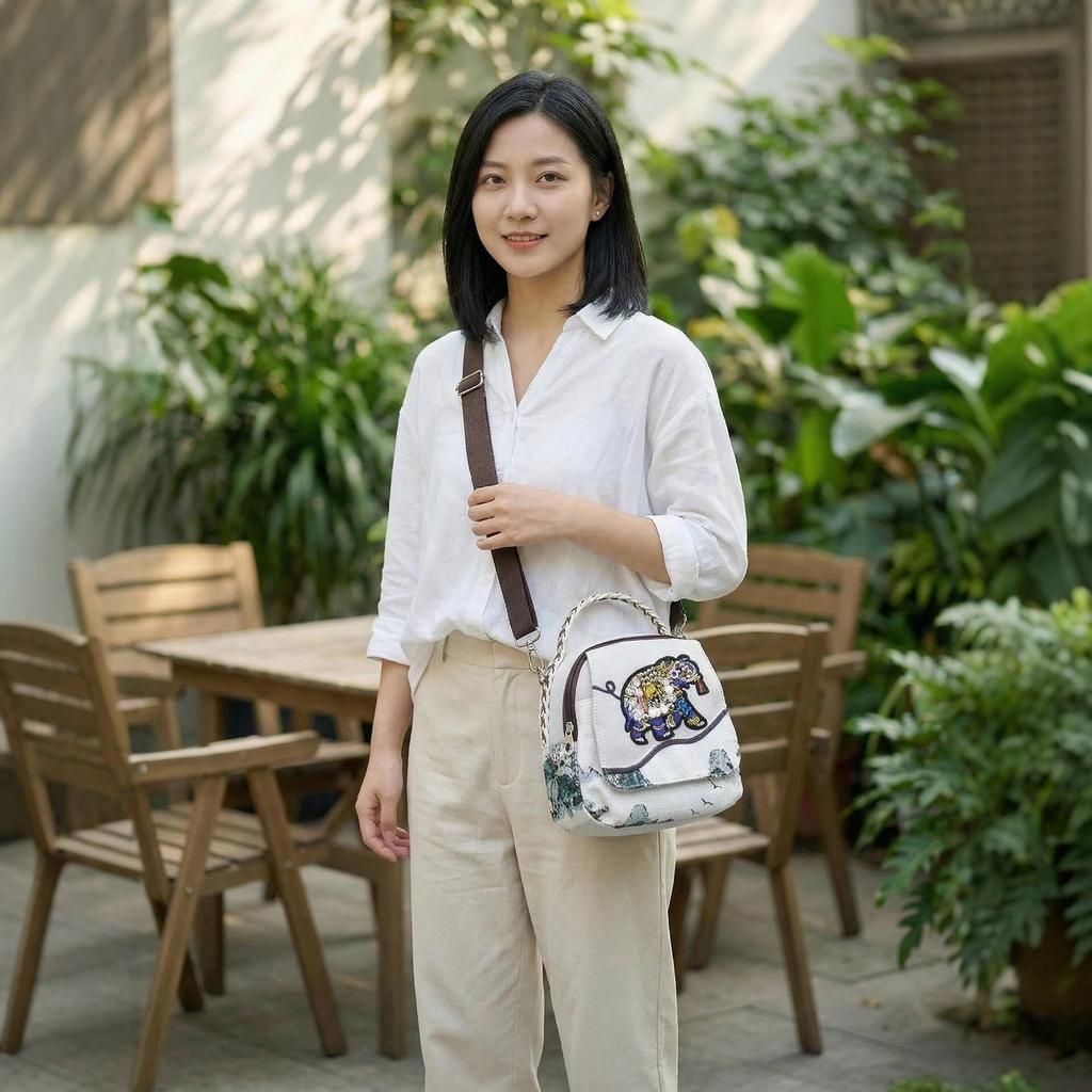 National Style Landscape Jacquard Crossbody Double-shoulder Bag Handbag Small Bag for Literary Office Wear