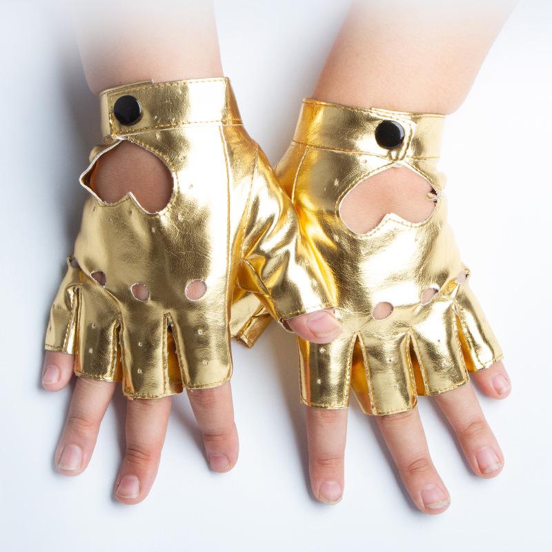 Nightclub Pole Dance Performance Gloves Female Patent Leather Half Fingered Star Dress PU Imitation Leather Peach Heart Rivet Street Dance