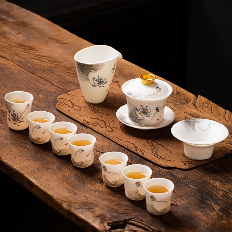 Mutton-Fat Jade Porcelain Gongfu Tea Set (Blue Lotus)