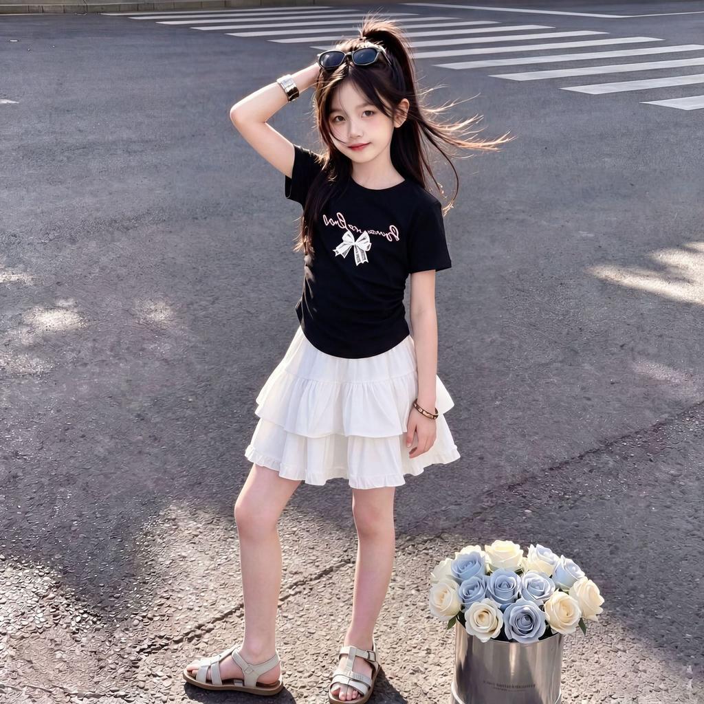 Summer Sweet Cartoon Bow Short Sleeve Two Piece Cake Dress Set