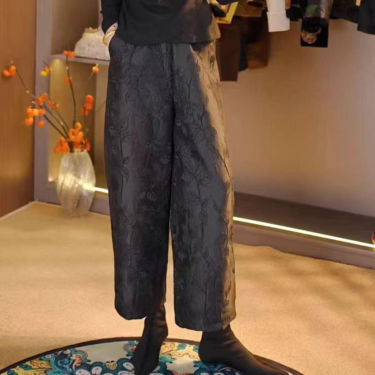 

2026 New Chinese Style Retro Satin Wide-Leg Pants for Spring/Summer XL (85-110 lbs) чорний