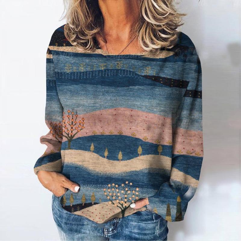 

Женские футболки с принтом природных пейзажей, футболка с длинными рукавами, повседневная женская одежда на каждый день, свободная, винтажная, уличная, пуловер XL