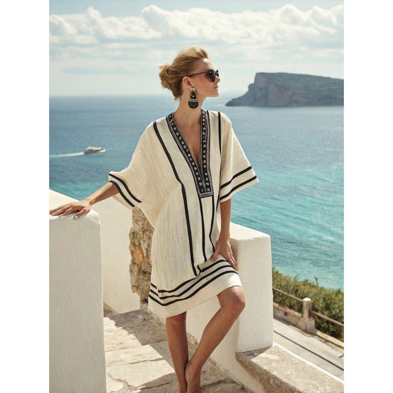New Amazon Women's Clothing Super Fairy V-Neck Dress Seaside Vacation Beach Dress Printed Loose Mid-Length Dress