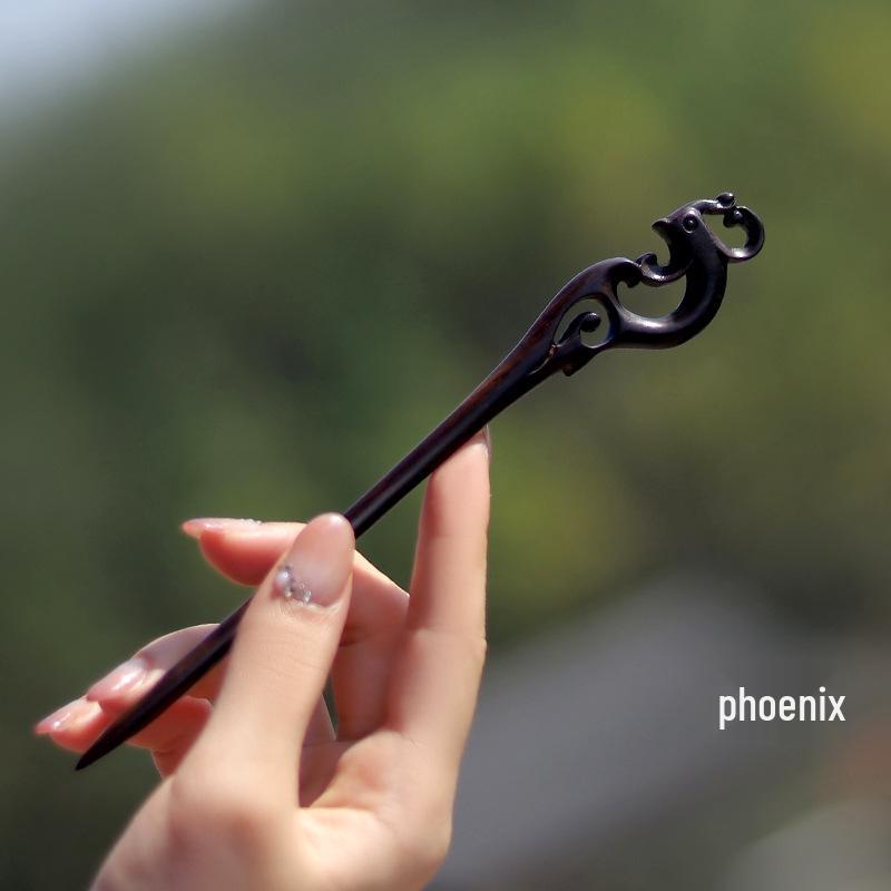 High-End Natural Ebony Wood Hairpin - Extended Chinese Ancient Style Black Hair Bun Accessory