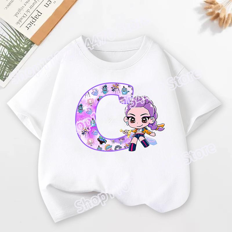 KPop Demon Hunters Child Short Sleeve T-shirt Cartoon Rumi Mira Zoey A-Z Print Cotton Tops Kawaii Summer Casual Tees Kids Gifts