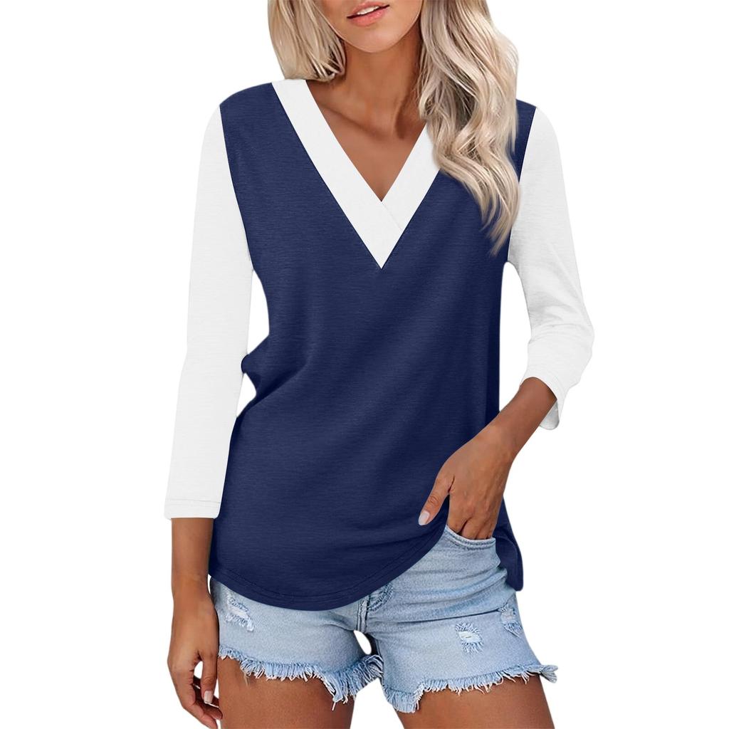 Damen Casual Mode Sexy Bequem V-Ausschnitt Farbblock Dreiviertelarm Top