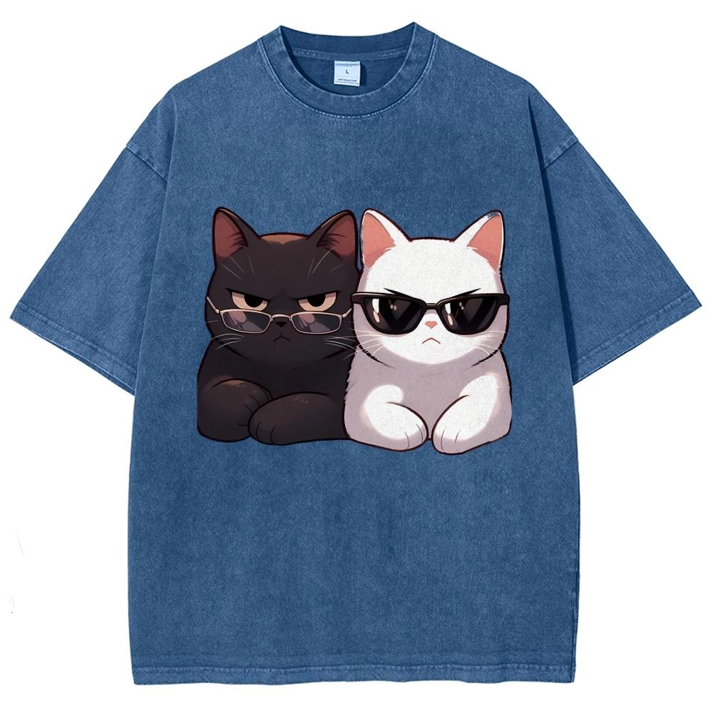 T-shirt da Donna Unisex Stampa Grafica Gatto Cartone Animato Bianco e Nero Cotone Morbido Manica Corta Estate Top Carino