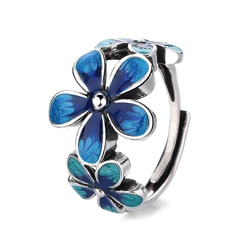 Adjustable Open Ring With Enamel Floral Design Vintage Boho Style Copper Finger Women Men