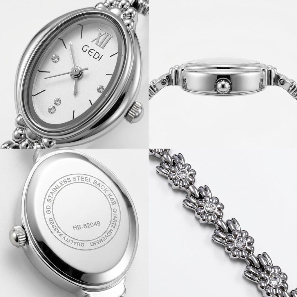 Gedi Damen Ovales Armbanduhr: Römische Ziffern & Diamant-Punkt-Zifferblatt, Blumiges Perlenarmband, Stahlband, Quarzwerk.
