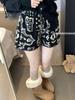 Women's High-Waisted Casual Caramel Lamb Wool Shorts - Winter Loose Fit Fair Isle Pattern