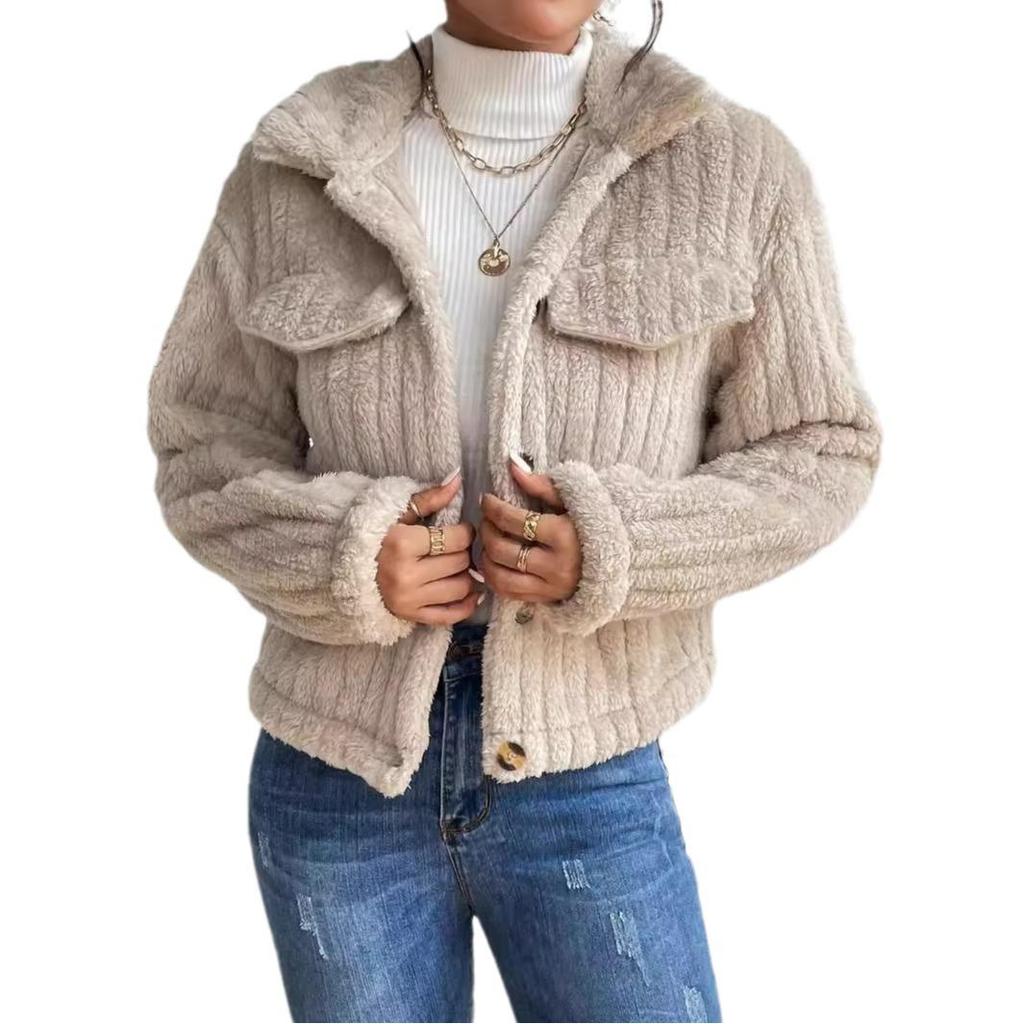 Autumn/Winter Women's Plush Jacket: Turn-Down Collar, Fleece-Lined, Short Length, Thickened, Casual Style