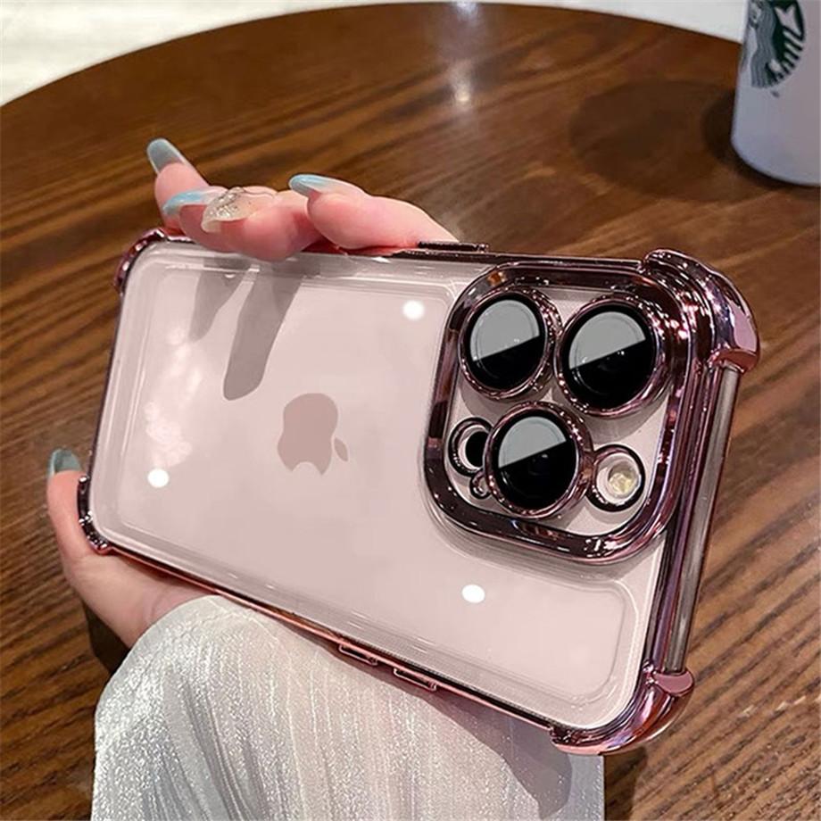 Luxury Electroplate Shockproof Phone Case For iPhone 15 14 13 12 11 Pro Max Plus Lens Protection Bumper Transparent Back Cover