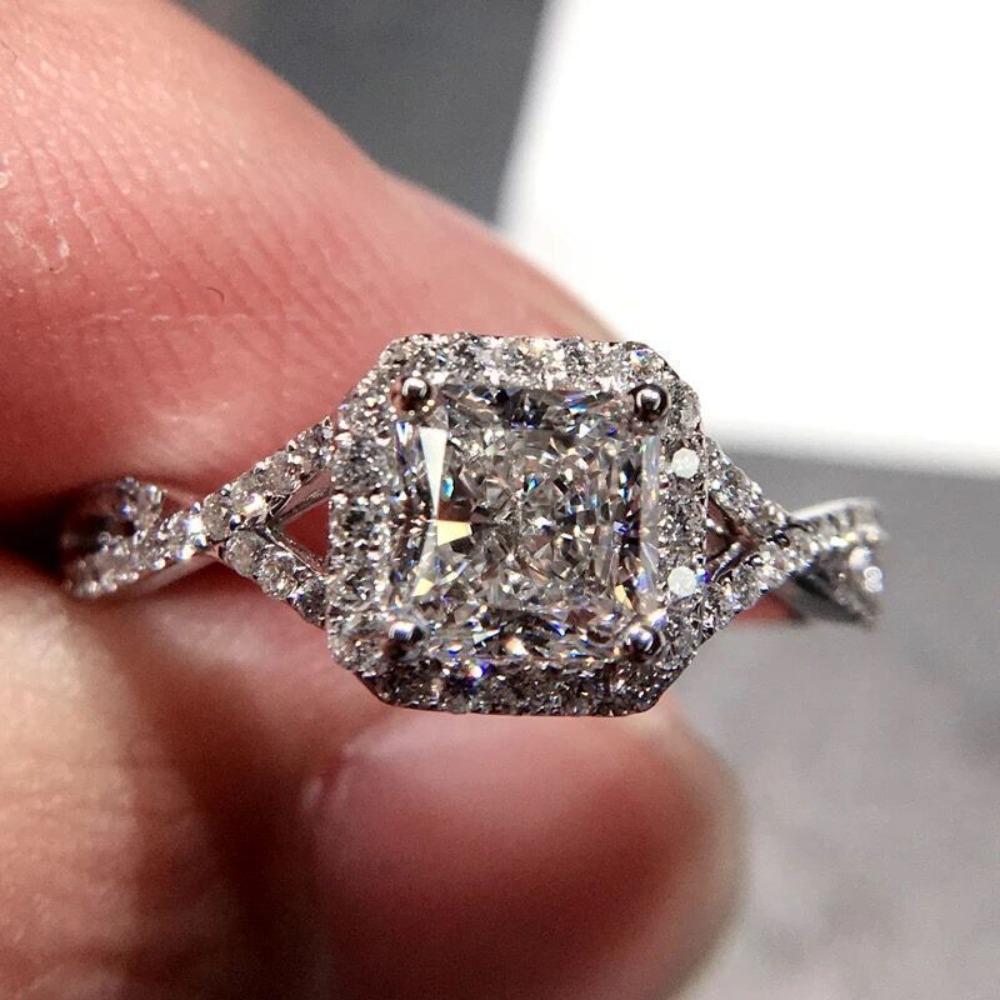 

925 Silver Princess Cut Engagement Ring 6mm Square Zircon Women Jewelry European Inlaid Wedding Band no. 6 платиновый
