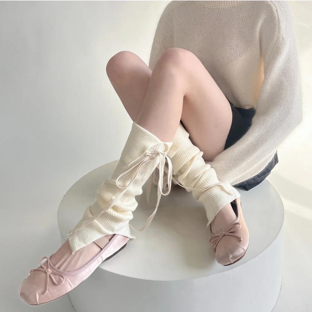 Solid Color Knitted Women Leg Warmers Sweet Girls Bow Long Socks Stockings Knitted Foot Cover JK Lolita Kawaii Cute Leg Warmers