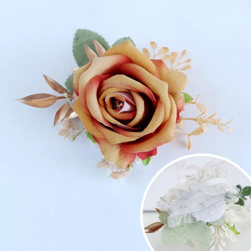 6pcs White Pink Corsage and Boutonniere Set Artificial Rose Wristlet Suit Flower for Men Wedding Party Prom Decoration