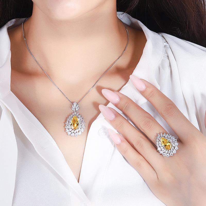 Jewelry Set Simulation Yellow Diamond Pendant Ring Main Stone 8 * 14