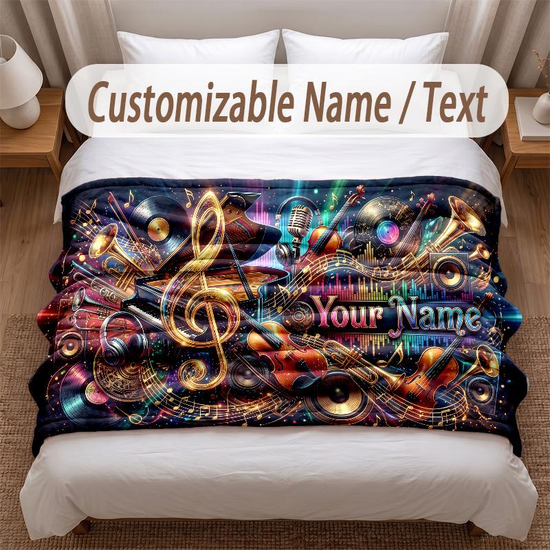 Music General Theme Soft Blanket Personalized Custom Name Text Print Warm Blanket Home Sofa Bedroom Decor
