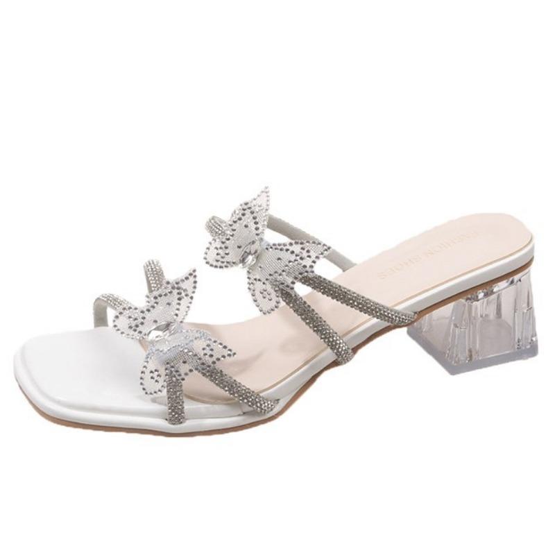 Fairy rhinestone butterfly wind slope heel cool slippers female summer wear beautiful new word with square and sandals