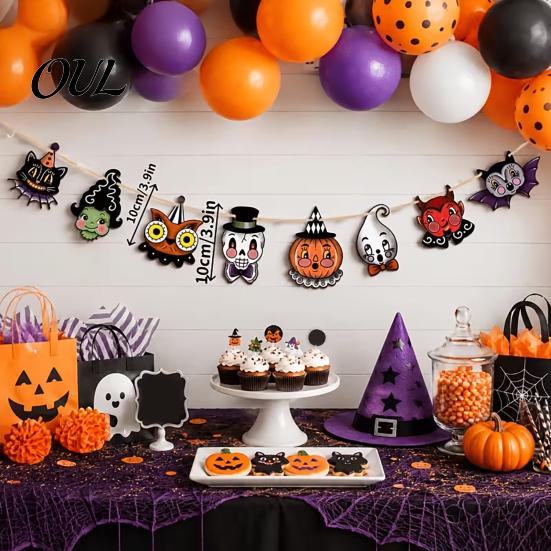 Halloween Ornament Collection 8Pcs Bunting Banner, Pumpkin Ghost Bat Witch Cartoon Hanging Garland, Decorative Props for Dessert Shops Retro