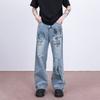 American Autumn Vibe Printed Jeans Men's Trendy Brand High Street Personalized Pants Ruffian Handsome Loose Wide-leg Floor Pants