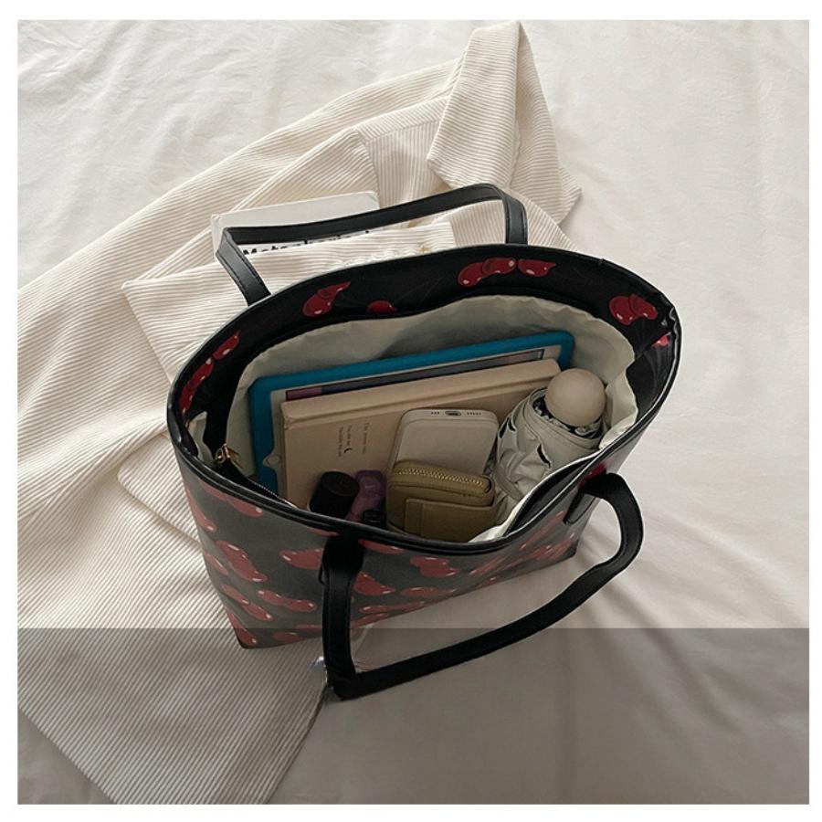 Cherry Print Large Capacity Tote Bag Fashionable Soft Faux Leather Shoulder Handbag for Women