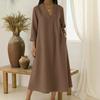 Spring New Women's Casual V-Neck Long Sleeve Cotton Linen A-Line Loose Long Midi Dress for European and American
