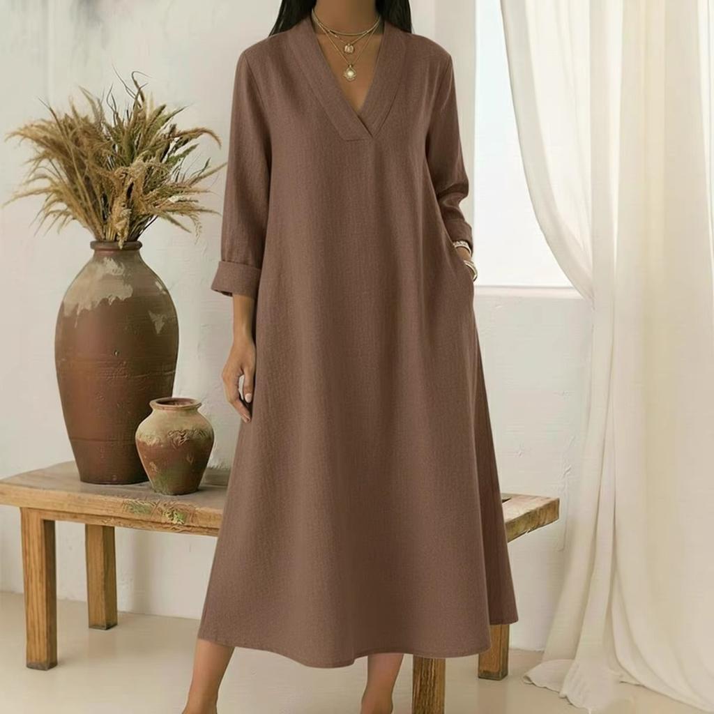 Spring New Women's Casual V-Neck Long Sleeve Cotton Linen A-Line Loose Long Midi Dress for European and American