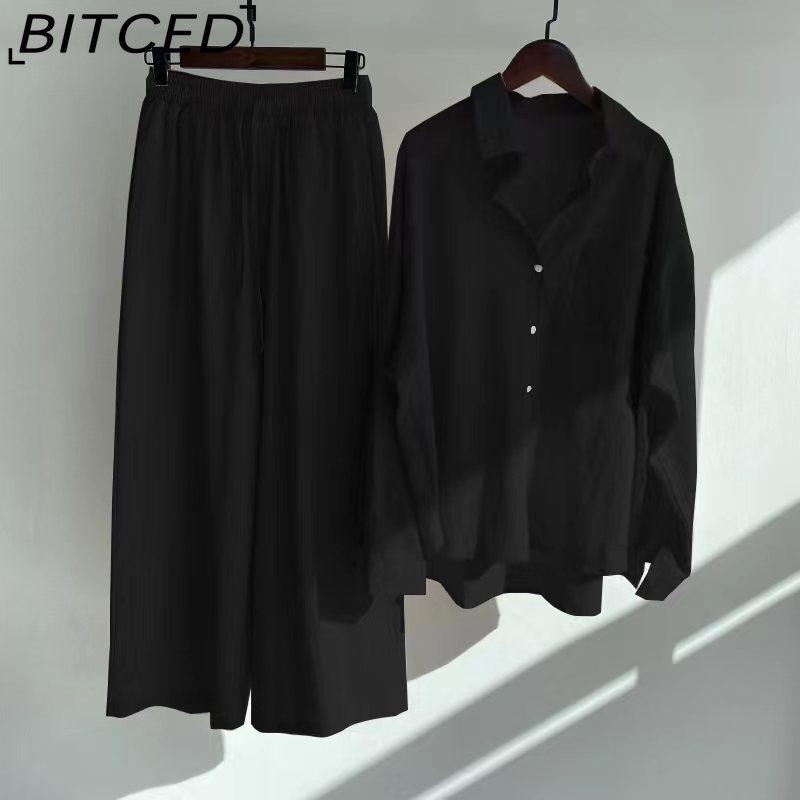BITCED Women's 2-piece Vintage Plus-size Cotton and Linen Shirt Set High-waisted Loose Trousers