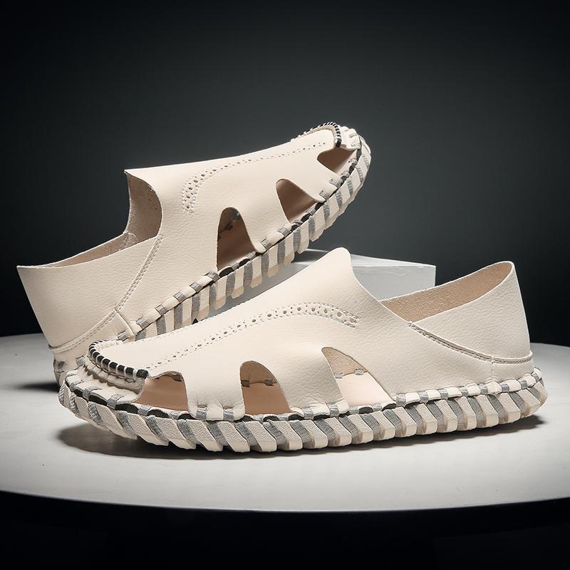 Genuine Leather Men's Sandals Durable Handmade Beach Shoes Anti-collision Toe Mens Summer Flats Non Slip Indoor Outdoor Sandals