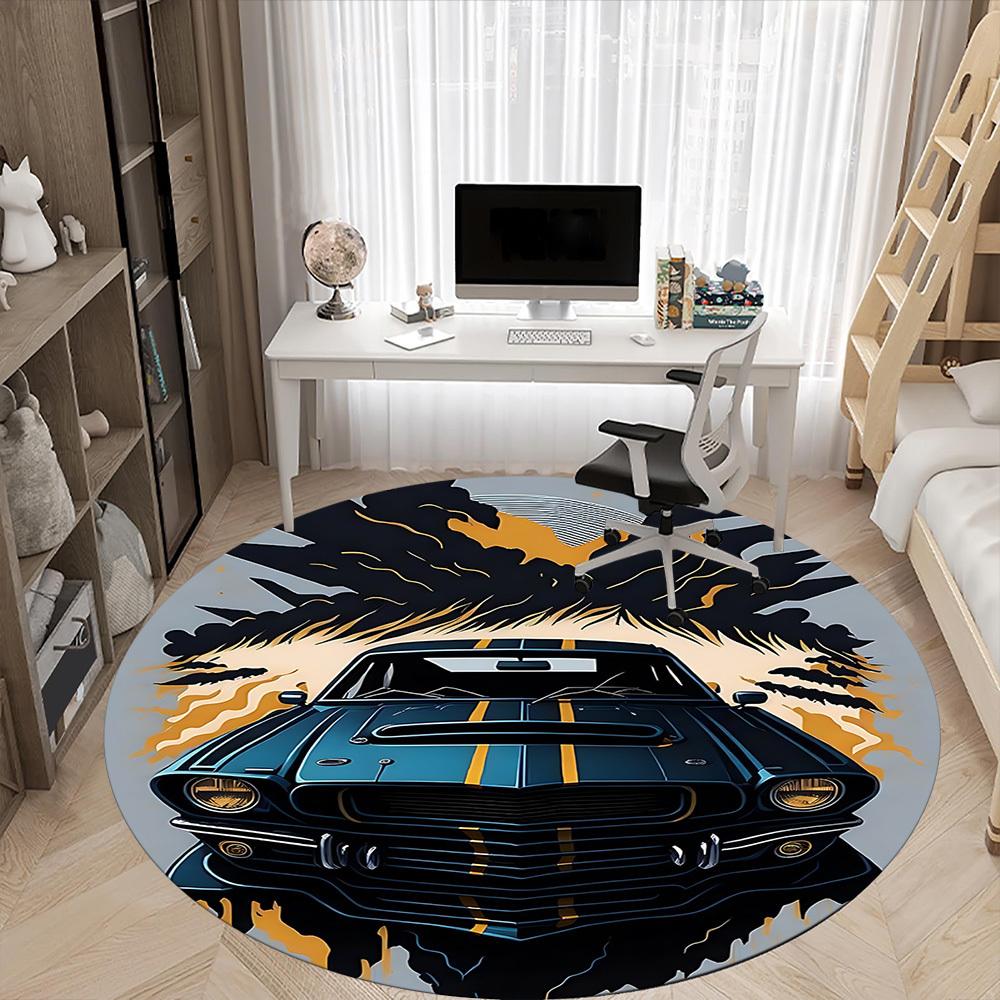 1pc Car Flames Office Round Area Rug, Under Office Chairs Bedroom Living Room Home Decor, Room Deco