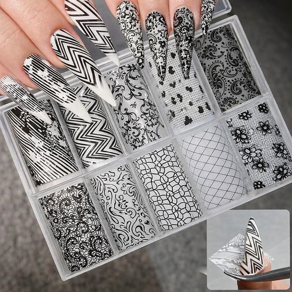 Lace Design Nail Foils Stripe Pattern Black White Nail Art Stickers Leopard Print Sequin Effect Nail Decals Nail Decoration