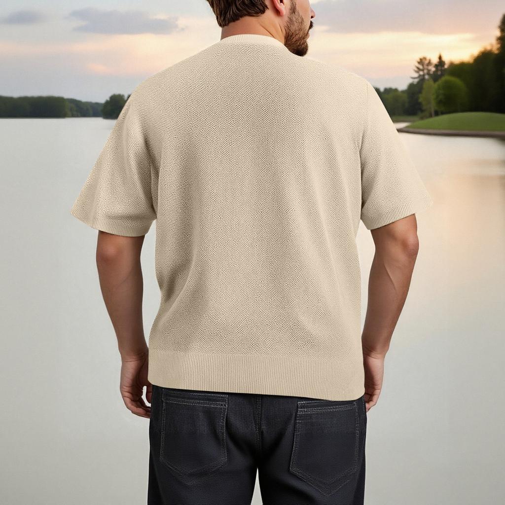 Men's Summer T-shirt Knitted European And American Retro Style Round Neck Long Sleeved Shirt