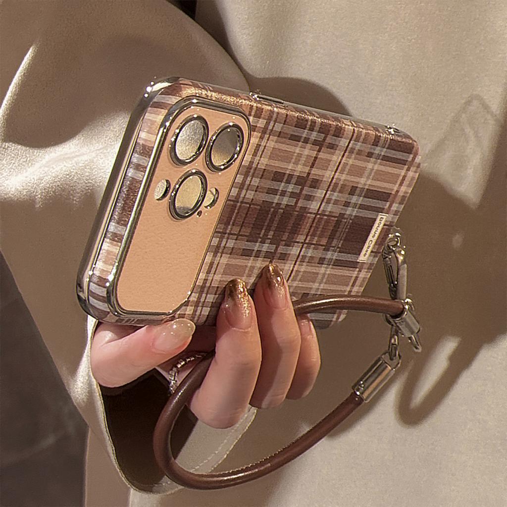Brown Checked Pattern Suitable for Iphone16promax Mobile Phone Case Apple 15 14 Anti Fall 13 Lanyard 16 Advanced 11