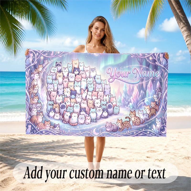 Cat Theme Soft Beach Towel Personalized Custom Name Text Towel Portable for Beach Pool Travel