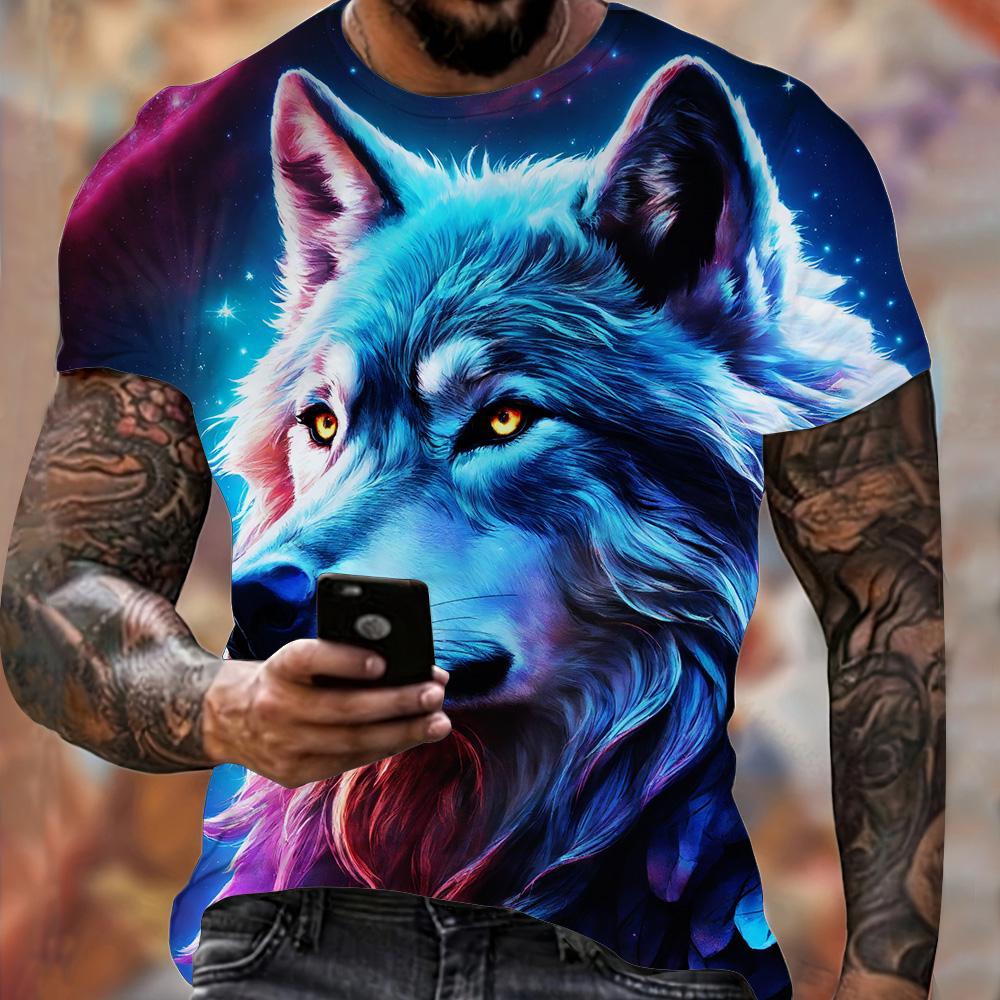Summer Men's Lightweight Fitness Sports T-Shirt Cool Fire Wolf Graphic 3D Print Short Sleeve Casual Loose Streetwear Men's Tops