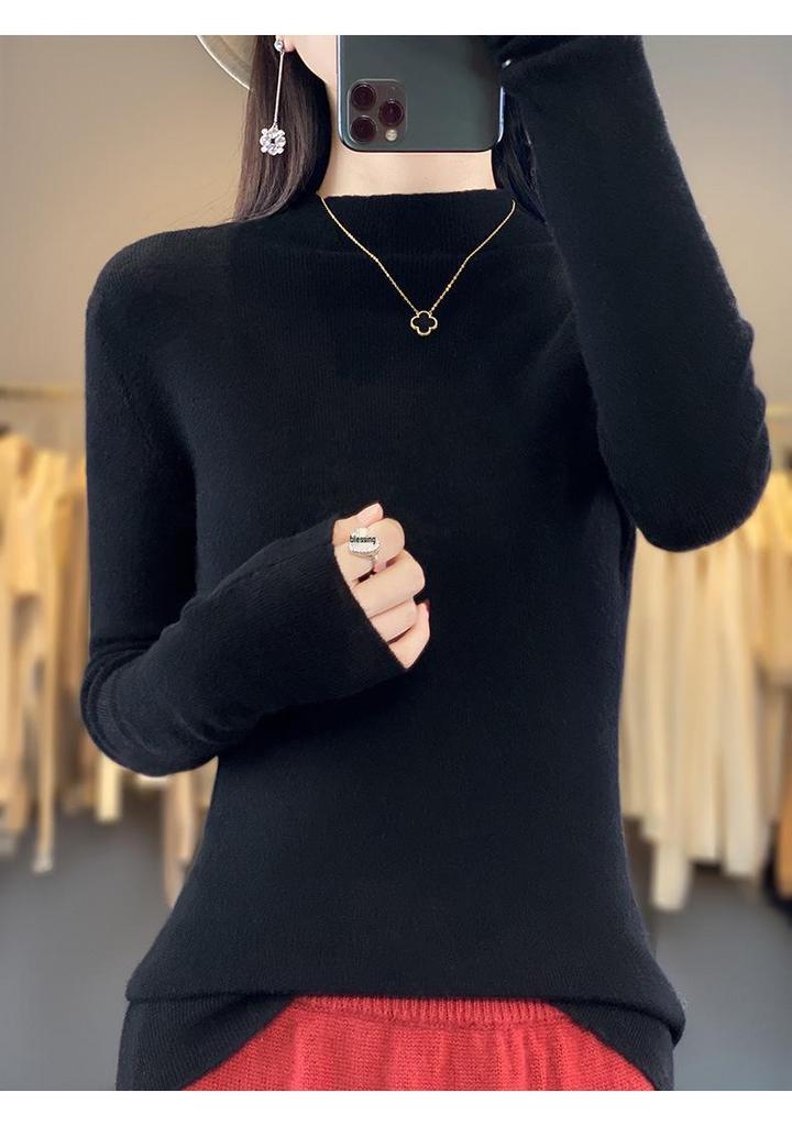 Women's Warm Embroidered High Neck Knit Wool Sweater - Semi-Thin Pullover for Autumn/Winter
