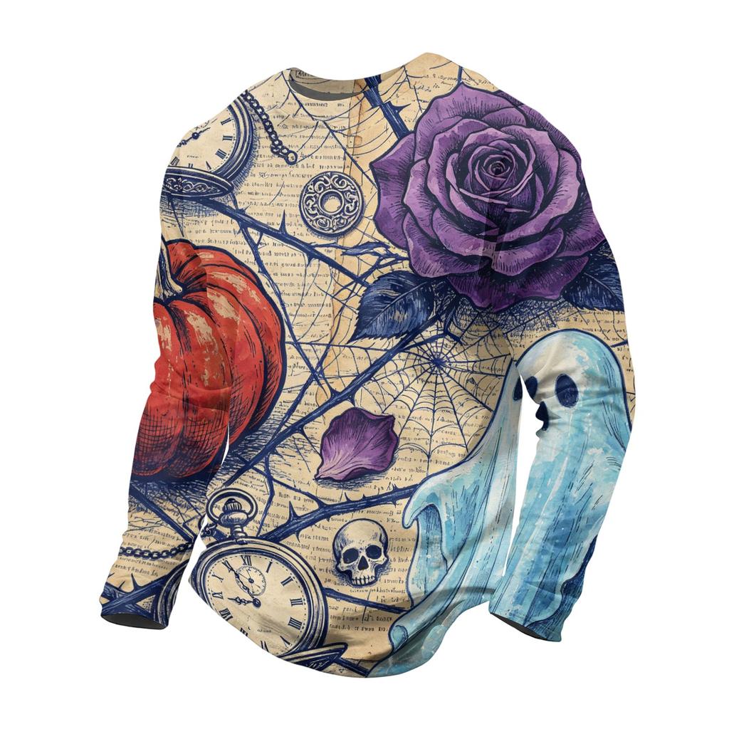 Men's Halloween Printed Long Sleeve Neck T-Shirt for Costume Party
