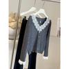 Lace Spliced V-neck Polka Dot Sweater Women's Cardigan Sweater Spring and Autumn Design Short Top Base Shirt