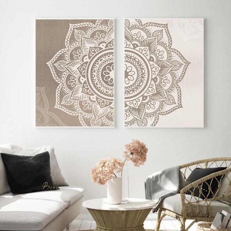 Boho Wall Art Print Canvas Painting Mandala Floral Beige Neutral Colors Poster Picture Zen Yoga Living Room Home Interior Decor