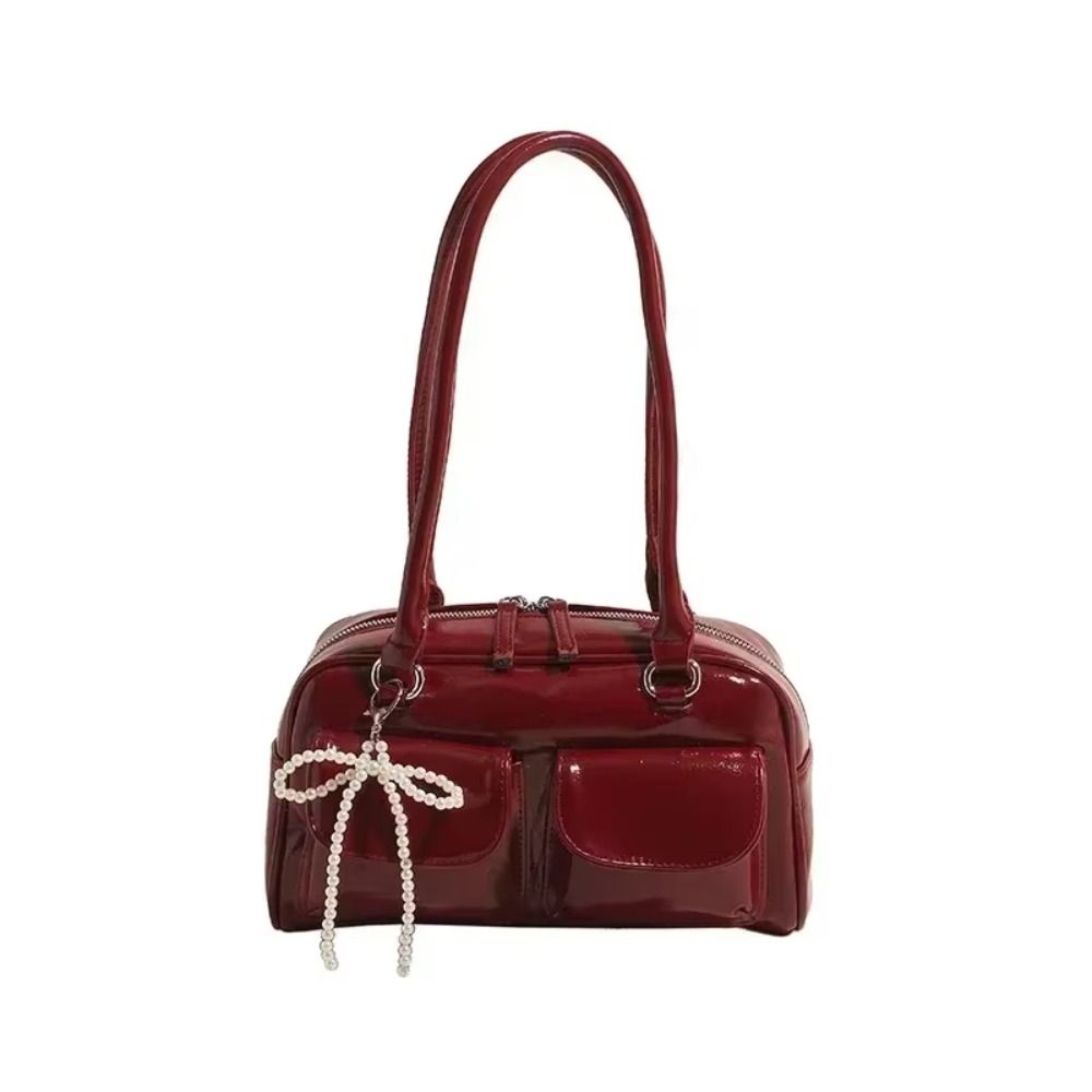 Mini Korean Style PU Bowling Bag Solid Color Handbag Pocket Bost Tote Bag French Style Minority Design Underarm Bag Outdoor