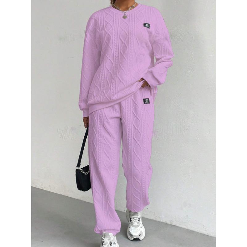 Women Fashion Casual Two Piece Set Long Sleeve Jacquard Sweatshirt And Long Pants