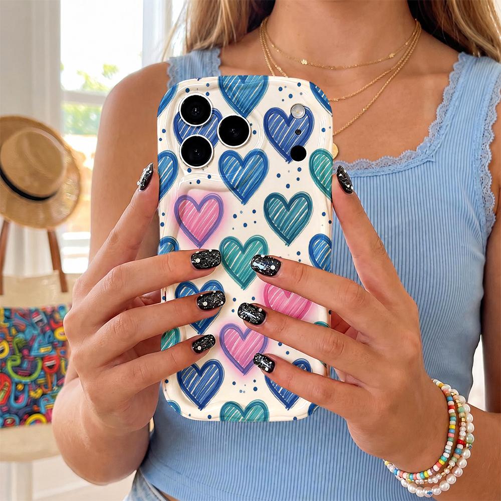 Wavy Edge Phone Case For iPhone 16 15 14 Pro Max 13 12 Mini 11 XR XS SE Sketch Striped Heart Pattern Cover