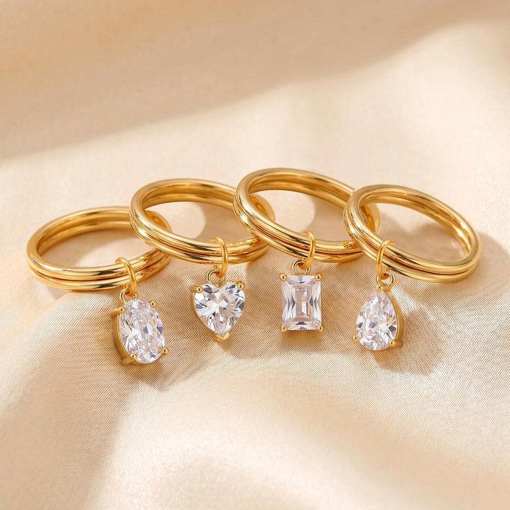 18K Gold Plated Waterproof Stainless Steel Dainty Drop CZ Stackable Ring for Women, Minimalist Double Row Dangle Rings Jewelry